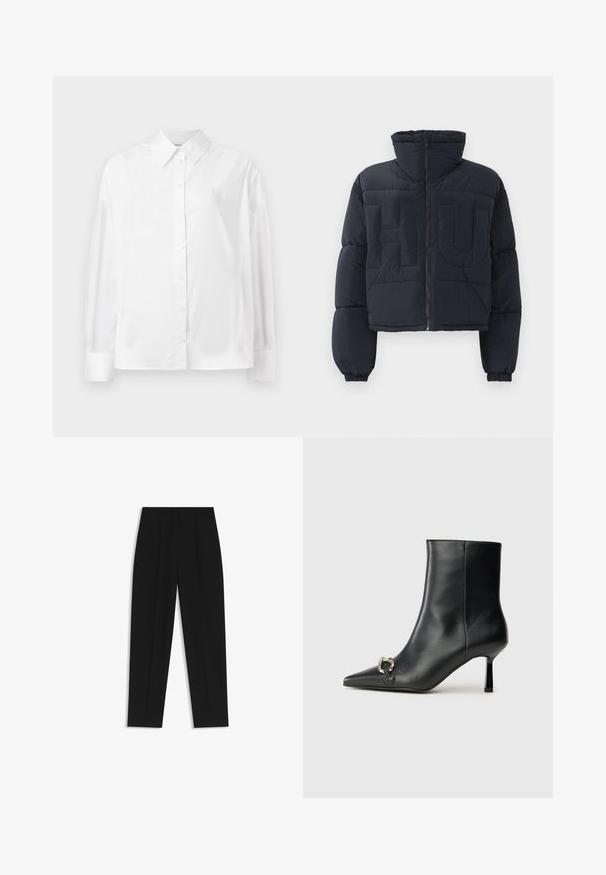 Black cropped puffer jacket with high collar, front zipper, elastic cuffs, and quilted large embossed letters "FLU" on the chest.; Light gray chunky knit sweater with ribbed pattern, mock neck, long sleeves, and a slightly cropped fit.; White long-sleeve button-up shirt in a smooth cotton blend. Features a classic collar, front button closure, and rounded cuffs.; Black trousers with a straight fit, featuring double pleats, a smooth texture, and a classic waistband design. No visible hardware or accents.; Black leather ankle boot with pointed toe, slim mid-height heel, and silver buckle detail on side against plain background.