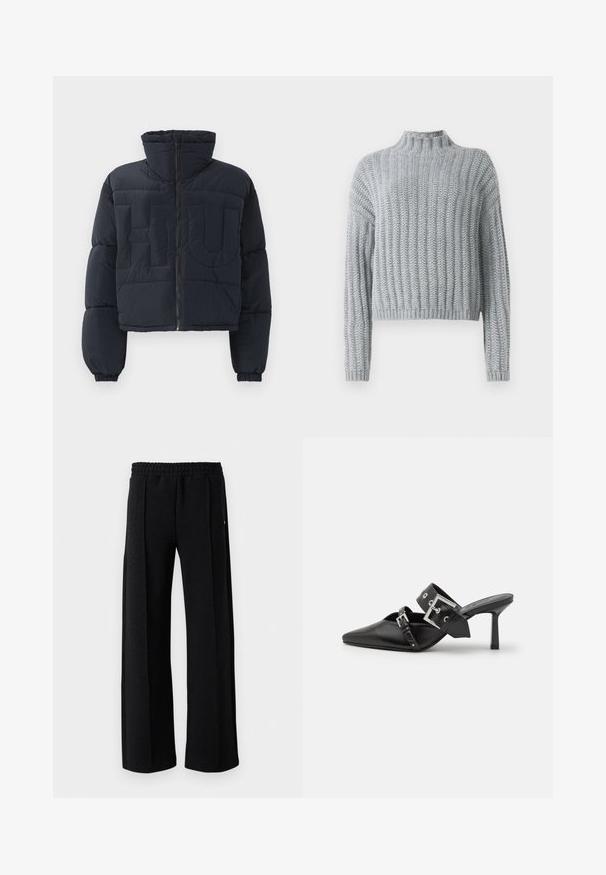 Zwarte cropped pufferjack met hoge kraag, rits aan de voorkant, elastische manchetten en grote gequilte reliëfletters "FLU" op de borst.; Lichtgrijze chunky gebreide trui met geribd patroon, hoge hals, lange mouwen en een iets cropped pasvorm.; Zwarte rechte broek met elastische tailleband en een subtiel gemarmerd patroon in de stof, op een witte achtergrond.; Zwarte hoge hakken mules met een puntige neus, gemaakt van soepel leer. Heeft een brede enkelriem met een vierkante zilveren gesp en studs.