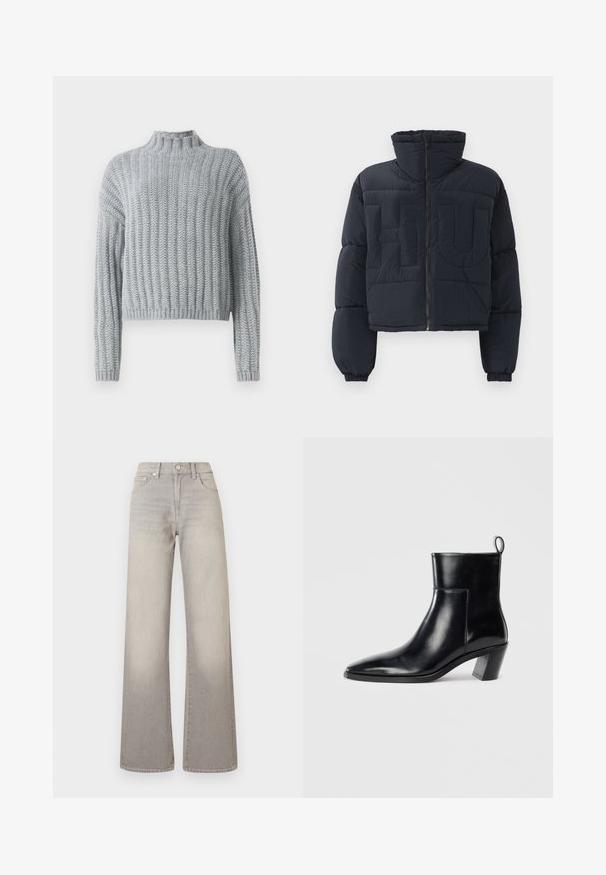 Schwarze, kürzere Puffjacke mit hohem Kragen, Frontreißverschluss, elastischen Bündchen und großen geprägten Buchstaben "FLU" auf der Brust.; Helles graues, grob gestricktes Sweatshirt mit Rippmuster, Stehkragen, langen Ärmeln und einem leicht verkürzten Schnitt.; Weißes Langarm-Hemd mit Knopfverschluss aus einer glatten Baumwollmischung. Verfügt über einen klassischen Kragen, eine Frontknopfverschluss und abgerundete Manschetten.; Graue weit geschnittene Jeans mit einem verblassten Finish, Knopfverschluss, fünf Taschen und gestickten Details entlang der Nähte.; Schwarze Leder-Ankleboots mit spitzem Zeh, geometrischem Blockabsatz und einem Zugband hinten. Glatte Textur und elegantes Design.