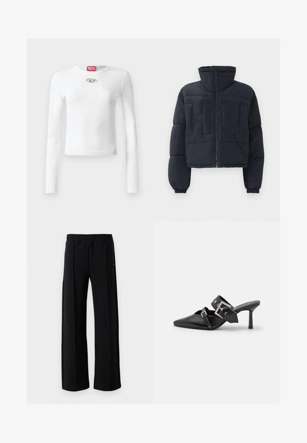 Schwarze, kürzere Puffjacke mit hohem Kragen, Frontreißverschluss, elastischen Bündchen und großen geprägten Buchstaben "FLU" auf der Brust.; Weißes Langarm-T-Shirt aus glattem Material, mit rundem Ausschnitt und einem silbernen Logoschmuck in der Mitte der Brust.; Schwarze gerade Hosen mit elastischem Bund und subtiler Struktur im gesamten Stoff auf einem weißen Hintergrund.; Schwarze High-Heel-Mules mit spitzem Zeh aus glattem Leder. Mit einem breiten Knöchelriemen, der eine quadratische silberne Schnalle und Nieten aufweist.