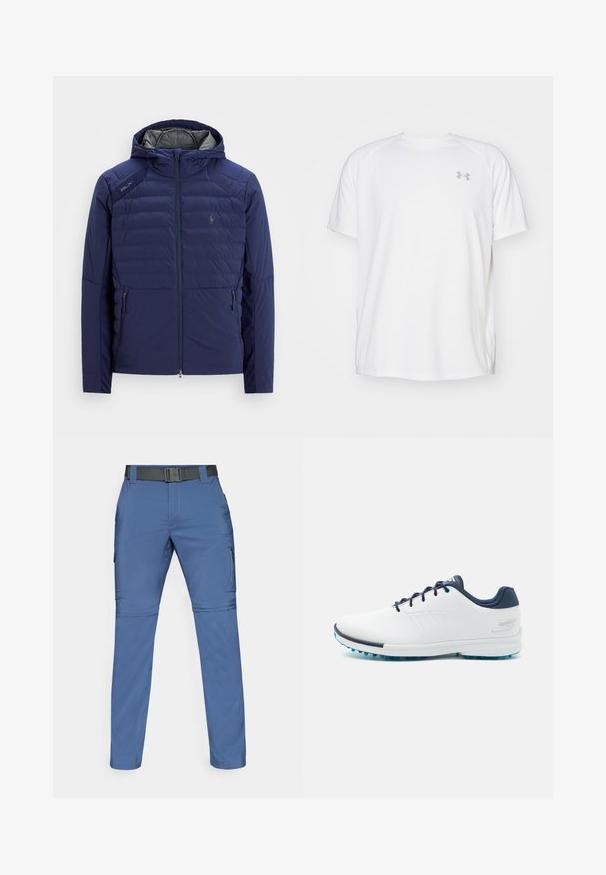 Tamsiai mėlyna siuvinėta striukė su gobtuvu, priekiniu užtrauktuku, užtraukiamomis šoninėmis kišenėmis, RLX užtrauktuku ant peties ir siuvinėtu logotipu ant krūtinės.; Balta trumpa rankovėmis sportinė marškinėliai, pagaminti iš lygaus audinio. Yra apvalus kaklas ir pilkas logotipas kairėje krūtinės pusėje, o apatinėje dalyje yra šoninės plyšiai.; Columbia SILVER RIDGE™ UTILITY CONVERTIBLE PANT - Lauko kelnės - dark mountain; Balti sportiniai bateliai su lygiu sintetinės medžiagos paviršiumi, mėlynais akcentais, tekstūruotu tamsiai mėlynu kulnu ir lengvu, adatiniu padu geresniam sukibimui.