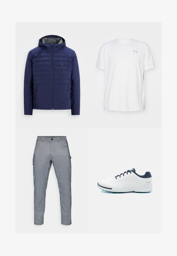 Navy blue quilted jacket with hood, front zipper, zippered side pockets, RLX patch on shoulder, and embroidered logo on chest.; White short-sleeve athletic shirt made of smooth fabric. Features a crew neck and gray logo on the left chest, with side slits at the hem.; Gray, textured fabric pants with a straight fit, featuring a front button closure, side pockets, and an additional cargo pocket on the left leg.; White athletic shoes with a smooth synthetic upper, blue accents, textured navy heel, and a lightweight, spiked sole for traction.