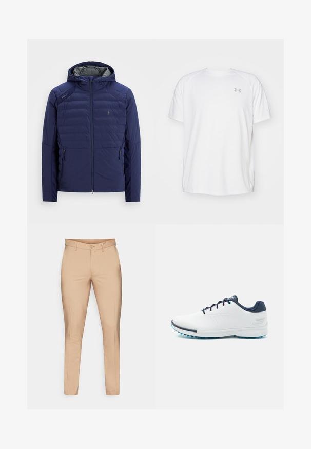 Tengerészkék steppelt dzseki kapucnival, elöl cipzárral, cipzáras oldalzsebekkel, RLX jelvénnyel a vállon és hímzett logóval a mellkason.; Fehér, rövid ujjú sportpóló sima anyagból. Kerek nyakkivágással és szürke logóval a bal mellkasnál, az alján oldalsó hasítékokkal.; Simító anyagból készült bézs nadrág, slim fit fazonban, övhurkokkal, elülső cipzárral és gombos záródással. Zsebek nem láthatók.; Fehér sportcipők sima szintetikus felsőrésszel, kék díszítéssel, texturált sötétkék sarokkal és könnyű, tüskés talppal a tapadás érdekében.