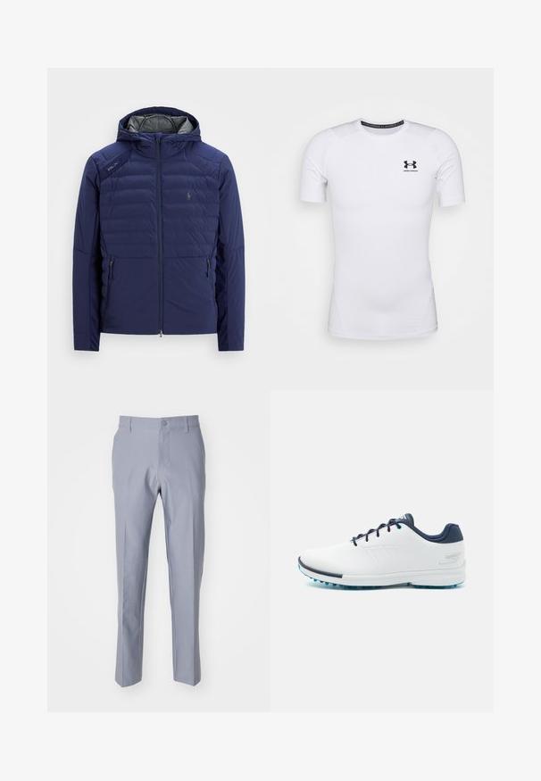 Mornarsko modra prešita jakna s kapuco, sprednjim zadrgo, žepoma z zadrgo na straneh, RLX oznako na rami in izvezenim logotipom na prsih.; Bela kratka majica s prilegajočim krojem iz elastičnega materiala. Ima črn logo Under Armour na prsih in gladko, teksturirano površino.; Svetlo sivi hlače iz gladkega blaga. Imajo klasičen kroj, ravne noge in gumbasto zapiranje na pasu.; Bela športna obutev z gladkim sintetičnim zgornjim delom, modrimi akcenti, teksturiranim mornarsko modrim petnim delom in lahkim podplatom z bodicami za oprijem.
