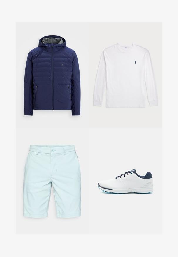 Navy blue quilted jacket with hood, front zipper, zippered side pockets, RLX patch on shoulder, and embroidered logo on chest.; White long-sleeve T-shirt made of cotton. Features a round neckline, ribbed cuffs, and a small navy blue polo logo on the left chest.; Light blue shorts made of soft fabric, featuring a button closure, belt loops, and a straight cut. No pockets visible in the front.; White athletic shoes with a smooth synthetic upper, blue accents, textured navy heel, and a lightweight, spiked sole for traction.