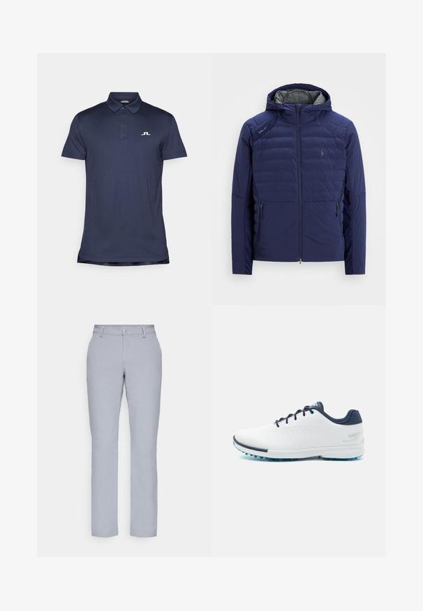 Tumesinise värvi pliseeritud jakk kapuutsiga, esine tõmblukk, tõmblukuga küljetaskud, RLX täpp õlal ning brodeeritud logo rinnal.; Tumedat sinine polo särk, mis on valmistatud siledast kangast, nuppudega krae ja vasakul rinnal väike valge logo. Lühikesed varrukad.; Heledad hallgrayd püksid, sirge lõikega, nööbiga sulgemine, esiosakud ja sile, tekstuuriga kangas. Minimalistlik disain, ilma mustriteta.; Valged spordijalanõud sileda sünteetilise ülemise osaga, siniste aksentidega, tekstureeritud tumesinise kontsaga ja kergest, narmastega tallaga hea haarduvuse tagamiseks.