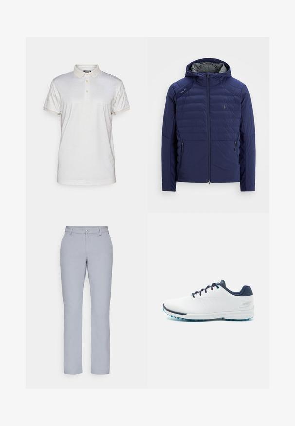Tummansininen tikattu takki hupulla, etuvetoketjulla, vetoketjulliset sivutaskut, RLX-patch olkapäällä ja brodeerattu logo rinnassa.; Kauluspaita vaaleassa beigessä, jossa on hillitty geometrinen kuvio. Varustettu kolmella napilla ja rullatuilla hihoilla, valmistettu pehmeästä materiaalista.; Harmaat suorat housut, nappikiinnitys, etutaskut ja sileä, teksturoitu kangas. Minimalistinen muotoilu, ilman kuvioita.; Valkoiset urheilukengät sileällä synteettisellä päällisellä, siniset yksityiskohdat, teksturoitu tummansininen kantapää ja kevyet, piikkiset pohjat pidon lisäämiseksi.