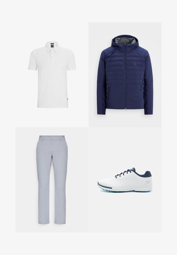 Námornícky modrá prošívaná bunda s kapucí, přední zip, zipové boční kapsy, nášivka RLX na rameni a vyšívané logo na hrudi.; Bílá polo košile vyrobená z bavlny, s límečkem, zapínáním na tři knoflíky, krátkými rukávy a decentním logem značky.; Světle šedé kalhoty s rovným střihem, zapínáním na knoflík, předními kapsami a hladkým, texturovaným materiálem. Minimalistický design, bez vzorů.; Bílé sportovní boty s hladkým syntetickým svrškem, modrými akcenty, texturovanou tmavě modrou patou a lehkou, hřebenovou podešví pro lepší přilnavost.