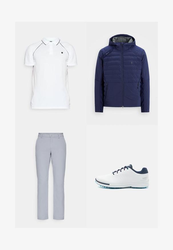 Námornícky modrá prešívaná bunda s kapucňou, predným zipsom, bočnými vreckami so zipsom, nášivkou RLX na pleci a vyšitým logom na hrudi.; Biela polokošeľa s čiernymi akcentmi, krátkymi rukávmi, golierom a malým logom na hrudi. Vyrobená z textúrovanej tkaniny.; Svetlošedé nohavice s rovnými nohavicami, zapínaním na gombík, prednými vreckami a hladkým, štruktúrovaným materiálom. Minimalistický dizajn, bez vzorov.; Biele atletické topánky s hladkým syntetickým vrchom, modrými akcentmi, texturovaným námorníckym opätkom a ľahkou, hrotovanou podrážkou pre trakciu.