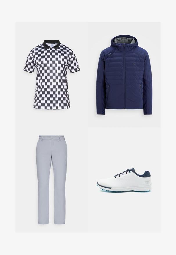 Námornícky modrá prošívaná bunda s kapucí, přední zip, zipové boční kapsy, nášivka RLX na rameni a vyšívané logo na hrudi.; Polo tričko s krátkým rukávem, které má černobílý zigzagový vzor, černý límeček a značkové logo na hrudi. Měkká textilie.; Světle šedé kalhoty s rovným střihem, zapínáním na knoflík, předními kapsami a hladkým, texturovaným materiálem. Minimalistický design, bez vzorů.; Bílé sportovní boty s hladkým syntetickým svrškem, modrými akcenty, texturovanou tmavě modrou patou a lehkou, hřebenovou podešví pro lepší přilnavost.