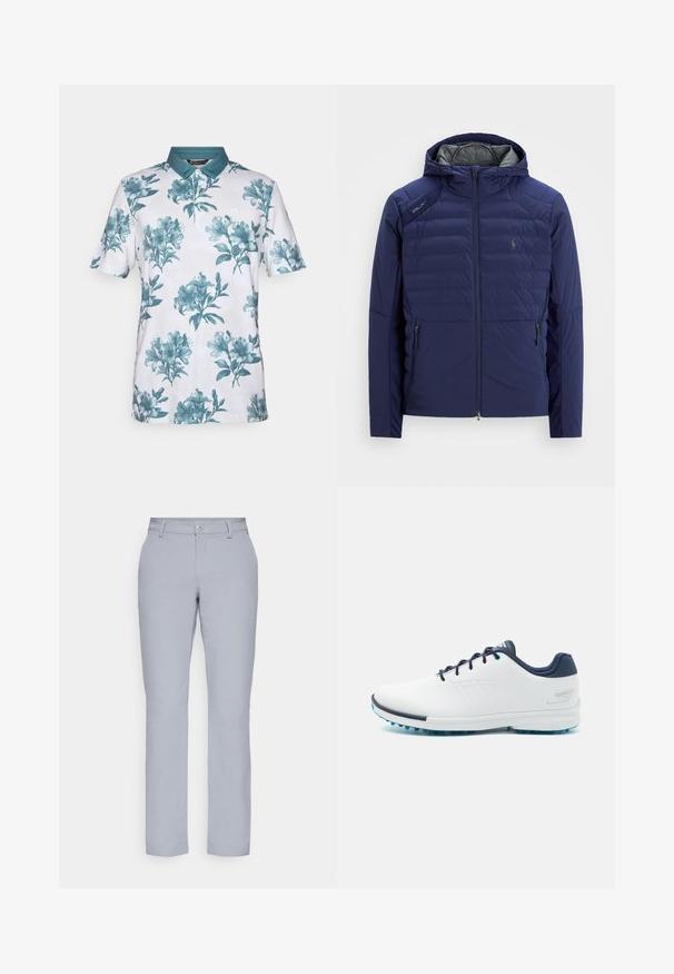 Tumesinise värvi pliseeritud jakk kapuutsiga, esine tõmblukk, tõmblukuga küljetaskud, RLX täpp õlal ning brodeeritud logo rinnal.; Lühikeste varrukatega polo särk, valgest kangast, millel on teal värvi lillemuster. Särgil on teal värvi krae ja kolme nupuga kant.; Heledad hallgrayd püksid, sirge lõikega, nööbiga sulgemine, esiosakud ja sile, tekstuuriga kangas. Minimalistlik disain, ilma mustriteta.; Valged spordijalanõud sileda sünteetilise ülemise osaga, siniste aksentidega, tekstureeritud tumesinise kontsaga ja kergest, narmastega tallaga hea haarduvuse tagamiseks.