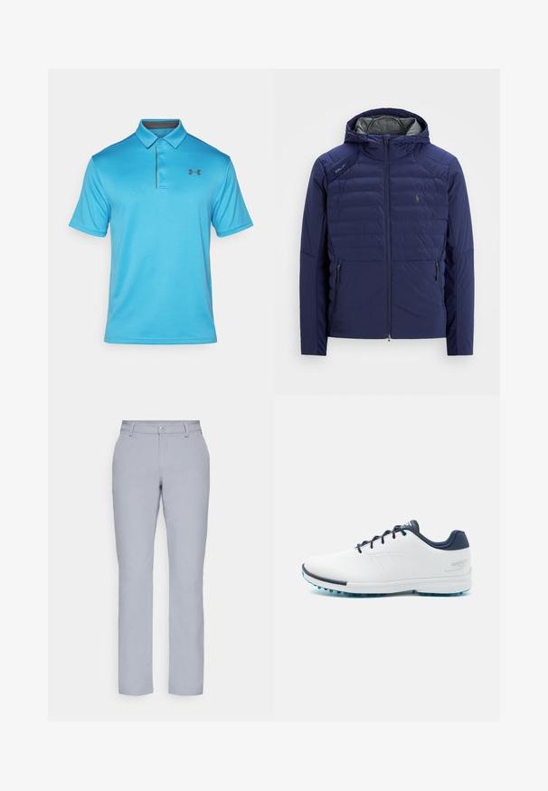 Jachetă matlasată de culoare albastru marin cu glugă, fermoar frontal, buzunare laterale cu fermoar, patch RLX pe umăr și logo brodat pe piept.; Polo shirt albastru, realizat dintr-un material texturat, cu guler, închidere cu trei butoane și un mic logo negru pe partea stângă a pieptului.; Pantaloni gri deschis cu o croială dreaptă, închidere cu nasture, buzunare frontale și un material neted, texturat. Design minimalist, fără modele.; Pantofi sport albi cu un uppersintetic neted, accente albastre, toc texturat în nuanță de marine și o talpă ușoară cu țepii pentru aderență.