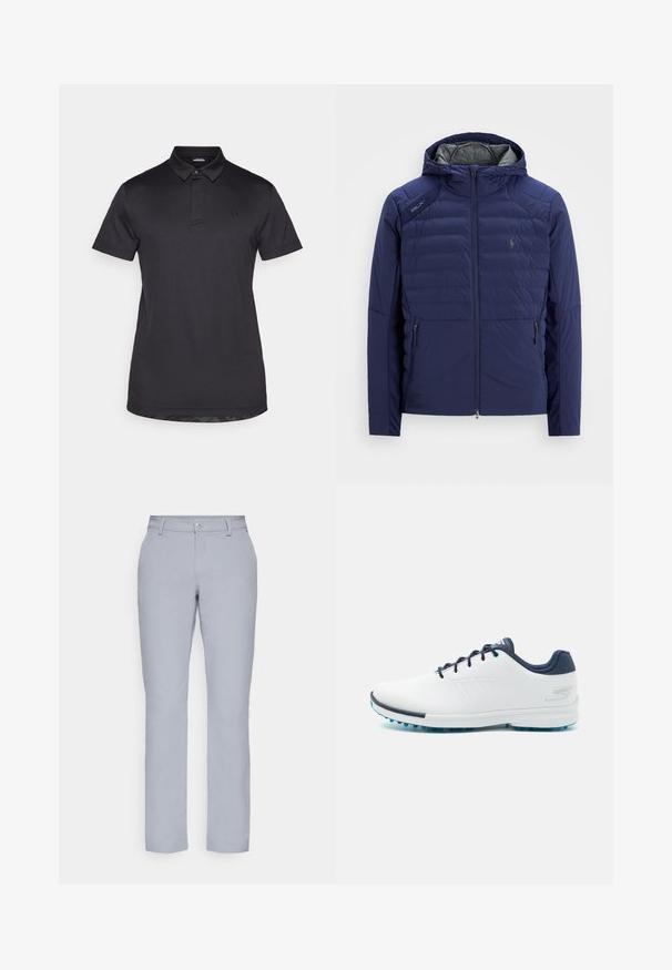 Námornícky modrá prošívaná bunda s kapucí, přední zip, zipové boční kapsy, nášivka RLX na rameni a vyšívané logo na hrudi.; Černé polo tričko z hladké látky, s knoflíkovou légou, krátkými rukávy a jemným logem na hrudi.; Světle šedé kalhoty s rovným střihem, zapínáním na knoflík, předními kapsami a hladkým, texturovaným materiálem. Minimalistický design, bez vzorů.; Bílé sportovní boty s hladkým syntetickým svrškem, modrými akcenty, texturovanou tmavě modrou patou a lehkou, hřebenovou podešví pro lepší přilnavost.