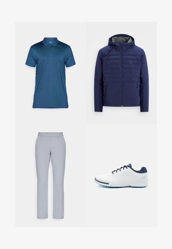 Námornícky modrá prošívaná bunda s kapucí, přední zip, zipové boční kapsy, nášivka RLX na rameni a vyšívané logo na hrudi.; Námořnická modrá polo tričko s dvoubarevným zapínáním, krátkými rukávy a texturovaným vzorem na levé straně. Vyrobeno z hladkého materiálu.; Světle šedé kalhoty s rovným střihem, zapínáním na knoflík, předními kapsami a hladkým, texturovaným materiálem. Minimalistický design, bez vzorů.; Bílé sportovní boty s hladkým syntetickým svrškem, modrými akcenty, texturovanou tmavě modrou patou a lehkou, hřebenovou podešví pro lepší přilnavost.