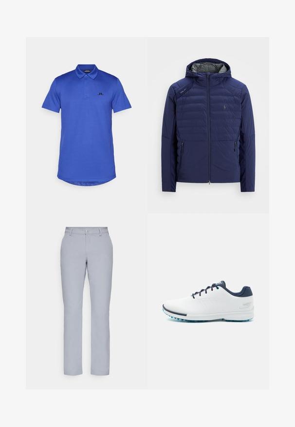Tamsiai mėlyna siuvinėta striukė su gobtuvu, priekiniu užtrauktuku, užtraukiamomis šoninėmis kišenėmis, RLX užtrauktuku ant peties ir siuvinėtu logotipu ant krūtinės.; Mėlynas polo marškinėliai su trumpomis rankovėmis, pagaminti iš lygaus audinio, su juodu logotipu kairiajame krūtinės kampe ir šiek tiek išlenktu apačiu.; Šviesiai pilkos kelnes su tiesiu kirpimu, mygtuko uždarymu, priekinėmis kišenėmis ir lygia, tekstūruota medžiaga. Minimalistinis dizainas, be raštų.; Balti sportiniai bateliai su lygiu sintetinės medžiagos paviršiumi, mėlynais akcentais, tekstūruotu tamsiai mėlynu kulnu ir lengvu, adatiniu padu geresniam sukibimui.