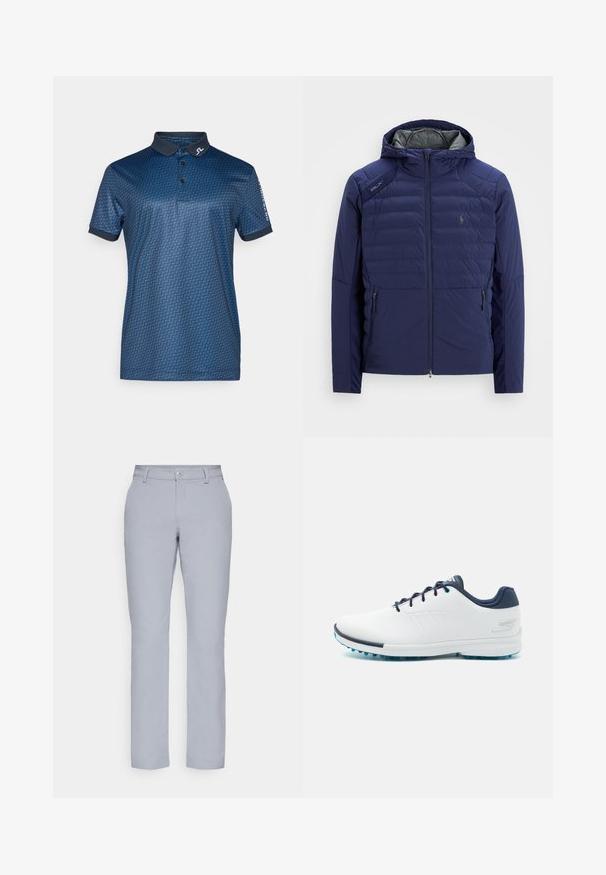 Námornícky modrá prešívaná bunda s kapucňou, predným zipsom, bočnými vreckami so zipsom, nášivkou RLX na pleci a vyšitým logom na hrudi.; Námornícky modrá polo košela s geometrickým vzorom, krátkymi rukávmi a tmavým golierom. Doplnena logom na golieri a rukáve.; Svetlošedé nohavice s rovnými nohavicami, zapínaním na gombík, prednými vreckami a hladkým, štruktúrovaným materiálom. Minimalistický dizajn, bez vzorov.; Biele atletické topánky s hladkým syntetickým vrchom, modrými akcentmi, texturovaným námorníckym opätkom a ľahkou, hrotovanou podrážkou pre trakciu.