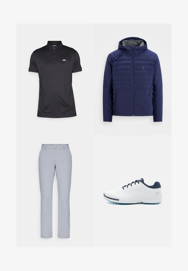 Granatowa pikowana kurtka z kapturem, zamek z przodu, kieszenie boczne na zamek, naszywka RLX na ramieniu oraz haftowane logo na piersi.; J.LINDEBERG Sports - Koszulka polo; Jasnoszare spodnie o prostym kroju, z zapięciem na guziki, kieszeniami z przodu oraz gładką, teksturowaną tkaniną. Minimalistyczny design, bez wzorów.; Białe buty sportowe z gładką syntetyczną cholewką, niebieskimi akcentami, teksturowanym granatowym obcasem i lekką, kolczastą podeszwą zapewniającą przyczepność.