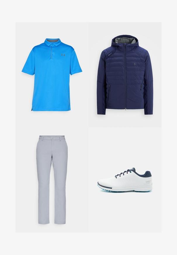 Giacca trapuntata blu navy con cappuccio, zip anteriore, tasche laterali con zip, patch RLX sulla spalla e logo ricamato sul petto.; Polo shirt blu in tessuto testurizzato, con colletto, maniche corte e un logo discreto sul petto. Fessure laterali per facilitare i movimenti.; Pantaloni grigi chiari con taglio dritto, chiusura a bottone, tasche frontali e un tessuto liscio e strutturato. Design minimalista, senza pattern.; Scarpe da ginnastica bianche con una parte superiore sintetica liscia, accenti blu, tallone blu navy texturizzato e una suola leggera con tacchetti per la trazione.