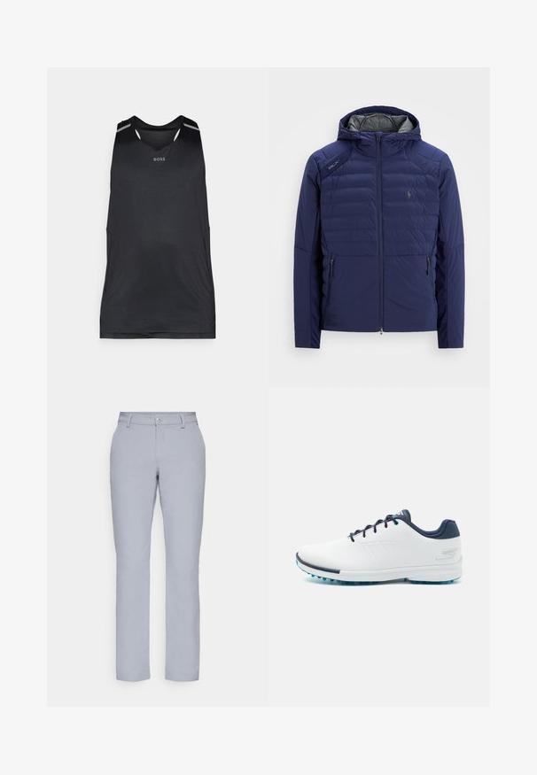 Marineblauwe gewatteerde jas met kap, voorrits, ritszakken aan de zijkant, RLX-patch op de schouder en geborduurd logo op de borst.; Zwart sporttanktop gemaakt van lichtgewicht stof, met een ronde halslijn, geperforeerde textuur en tonale accenten op de schouders.; Lichtgrijze broek met een rechte snit, knoopsluiting, achterzakken en een gladde, gestructureerde stof. Minimalistisch ontwerp, geen patronen.; Witte sportieve schoenen met een gladde synthetische bovenkant, blauwe accenten, een gestructureerde marineblauwe hak en een lichtgewicht, met spikes uitgeruste zool voor grip.