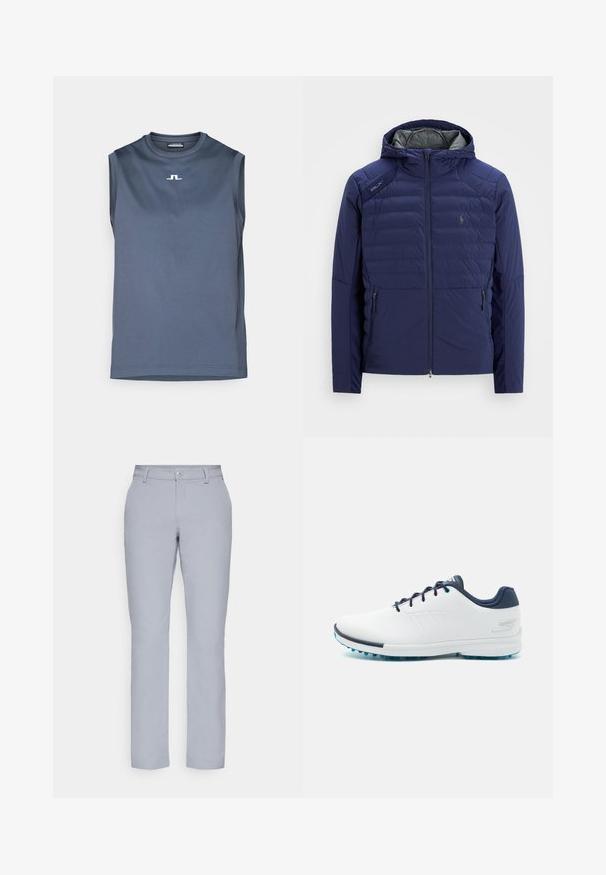 Tengerészkék steppelt dzseki kapucnival, elöl cipzárral, cipzáras oldalzsebekkel, RLX jelvénnyel a vállon és hímzett logóval a mellkason.; Ujjatlan sportpóló sötétkék szövetből, sima textúrával, a mellkason egy apró fehér logóval. Kerek nyakkivágás és standard szabás.; Világosszürke nadrág egyenes szabással, gombos záródással, elülső zsebekkel és sima, texturált anyaggal. Minimalista dizájn, minta nélkül.; Fehér sportcipők sima szintetikus felsőrésszel, kék díszítéssel, texturált sötétkék sarokkal és könnyű, tüskés talppal a tapadás érdekében.