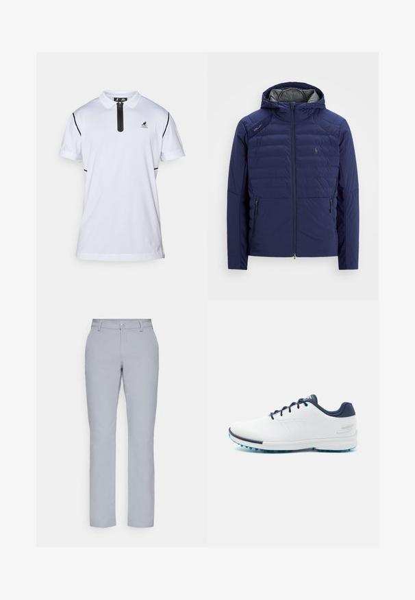 Tengerészkék steppelt dzseki kapucnival, elöl cipzárral, cipzáras oldalzsebekkel, RLX jelvénnyel a vállon és hímzett logóval a mellkason.; Rövid ujjú fehér pólóing fekete cipzáras gallérral, fekete oldalsó díszítésekkel és egy kis logóval a bal mellen. Lélegző anyagból készült.; Világosszürke nadrág egyenes szabással, gombos záródással, elülső zsebekkel és sima, texturált anyaggal. Minimalista dizájn, minta nélkül.; Fehér sportcipők sima szintetikus felsőrésszel, kék díszítéssel, texturált sötétkék sarokkal és könnyű, tüskés talppal a tapadás érdekében.
