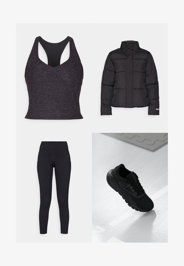 Giubbotto puffy nero con colletto alto, pannelli cuciti, due tasche anteriori e un accento di logo bianco sulla manica.; Sostenitore sportivo grigio scuro con una texture liscia, caratterizzato da un ampio design a schiena scoperta e un profondo scollo a V per un supporto migliorato.; Leggings neri a vita alta realizzati in materiale elasticizzato, con una texture liscia e un design aderente che si estende fino alle caviglie.; Scarpa sportiva nera con tomaia in rete, punta rotonda, suola imbottita e dettagli texturizzati, posizionata su una superficie bianca liscia.