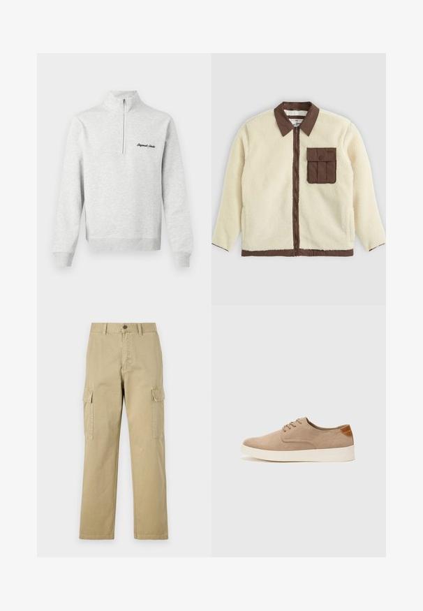 White fleece jacket with a brown collar, front zipper, and a chest pocket featuring a flap. The texture is soft with a shaggy appearance.; Light gray sweatshirt with a half-zip collar and "Original Studio" embroidered in black on the front, displayed against a white background.; Beige cargo pants made of cotton, featuring two side pockets, a button closure, and straight legs with a slightly textured fabric.; Beige suede sneakers with a rounded toe, lace-up front, and a textured back accent. White rubber sole provides contrast. Simple and modern design.