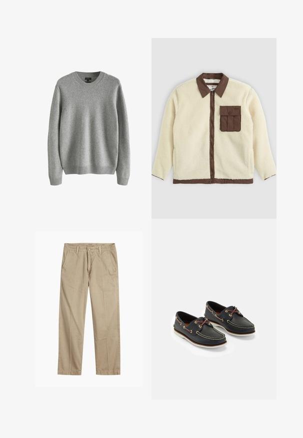 Witte fleece jas met een bruine kraag, voorrits en een borstzak met een klep. De textuur is zacht met een harige uitstraling.; Grijze gebreide trui met een ronde hals, geribde manchetten en onderkant, met een zachte textuur en een ontspannen pasvorm. Geen zichtbare patronen of accenten.; Beige rechte pijpen chinos met riemlussen, voorkant met knoop en rits sluiting, en schuine voorzakken.; Marine leren botenschoenen met gele stiksels, rode veters en zilveren oogjes; ronde neus; witte rubberen zool.