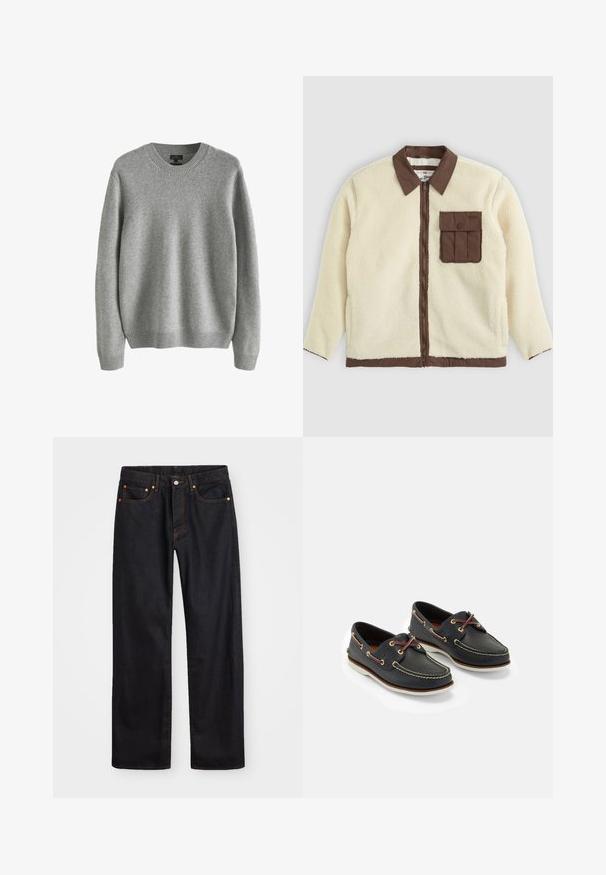 Weiße Fleecejacke mit einem braunen Kragen, Frontreißverschluss und einer Brusttasche mit Klappe. Die Textur ist weich und hat ein wuscheliges Aussehen.; Grauer Strickpullover mit Rundhalsausschnitt, gerippten Bündchen und Saum, der eine weiche Textur und eine lockere Passform aufweist. Keine sichtbaren Muster oder Akzente.; Herren gerade geschnittene schwarze Jeans aus Denim mit fünf Taschen und orangefarbenen Nähten, Knopf- und Reißverschluss vorne am Bund.; Marineblaue Lederbootsschuhe mit gelbem Nähen, roten Schnürsenkeln und silbernen Ösen; runde Zehenform; weiße Gummisohle.