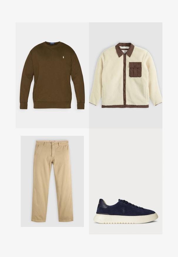 Vit fleecejacka med brunt krage, framdragkedja och en bröstficka med klaff. Texturen är mjuk med en lurvig utseende.; Polo Ralph Lauren Big & Tall LOOPBACK FLEECE SWEATSHIRT - Sweatshirt - dark loden; Khakis med rak ben, med två framfickor och en midja med bältesömmar. Tillverkade av mjukt, hållbart bomullstyg.; Mörkblå mocka låg top sneaker med en strukturerad yta, gummisula och tonade snören, med en liten logotyp på sidan och hälen.