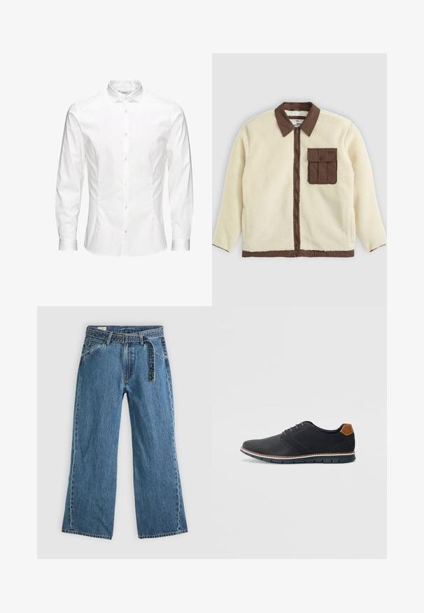 Casaco de lã branca com colarinho castanho, fecho frontal e um bolso no peito com aba. A textura é macia e com uma aparência peluda.; Camisa branca de mangas longas com botões, feita de um tecido liso. Apresenta um colarinho clássico, botões na frente e punhos com um botão. Design ajustado.; Jeans de ganga azuis de perna larga com cinto preso, bolsos frontais e costura visível sobre um fundo claro.; Sapatos sintéticos pretos com um upper texturizado, pormenores lisos, salto castanho e uma sola contrastante. Apresentam um sistema de atacadores mínimo e detalhes de costura.