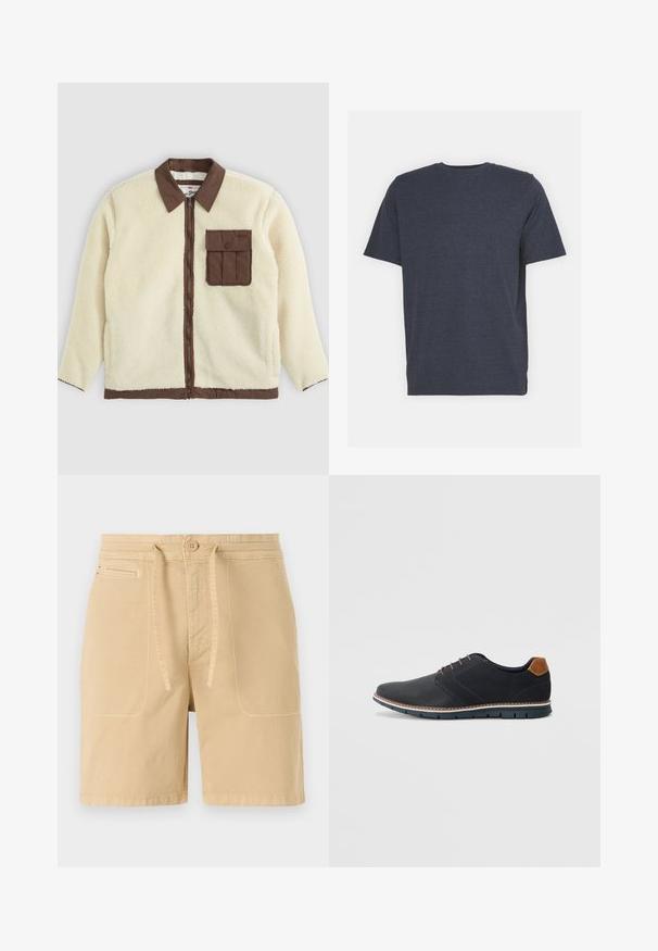 White fleece jacket with a brown collar, front zipper, and a chest pocket featuring a flap. The texture is soft with a shaggy appearance.; Navy blue crew neck t-shirt made of soft cotton blend fabric, with short sleeves and a regular fit. No visible patterns or accents.; Beige shorts made of cotton, featuring a drawstring waist, front pockets, and visible stitching. Simple, casual design.; Black synthetic shoes with a textured upper, smooth accents, brown heel, and a contrasting sole. Features minimal lacing and stitch details.