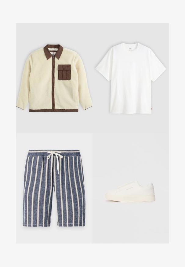 Giacca in pile bianca con colletto marrone, zip frontale e tasca sul petto con pattina. La texture è morbida con un aspetto shaggy.; T-shirt bianco a maniche corte in cotone con collo rotondo. Presenta un discreto dettaglio logo in rilievo sulla parte frontale e un'etichetta rossa sull'orlo.; Shorts strutturati blu navy con strisce verticali bianche, vita elasticizzata e dettaglio con coulisse. Design casual adatto per il clima caldo.; Sneakers bianchi slip-on con superficie texturizzata, suola spessa e design minimalista. Presentano il logo del marchio sul lato.