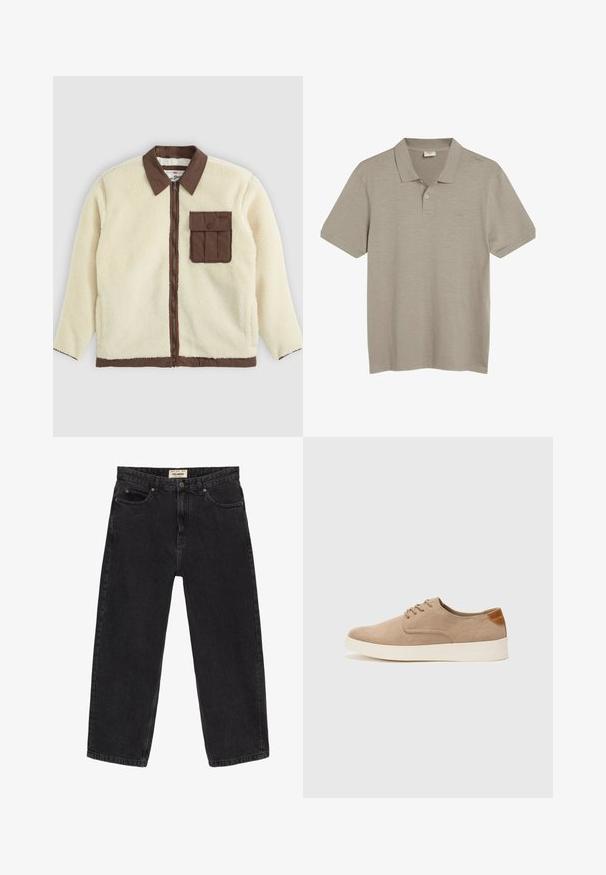 Valkoinen fleece-takki, jossa on ruskea kaulus, vetoketju edessä ja rintatasku läpällä. Tekstuuri on pehmeä ja karvainen.; Vaalean ruskea polo-paita, joka on valmistettu pehmeästä kankaasta. Siinä on klassinen kaulus, kolme nappia ja lyhyet hihat. Tasainen pinta, jossa on hieno kiilto.; Mustat farkut rentoa istuvuutta. Ominaisuuksiin kuuluu viisi taskua, etunappi kiinnitys ja ompeluyksityiskohdat. Hieman kulunut pinta.; Beige nubuck-lenkkarit, joissa on pyöreä kärki, nauhakiinnitys ja teksturoitu takaosa. Valkoinen kumipohja tuo kontrastia. Yksinkertainen ja moderni muotoilu.