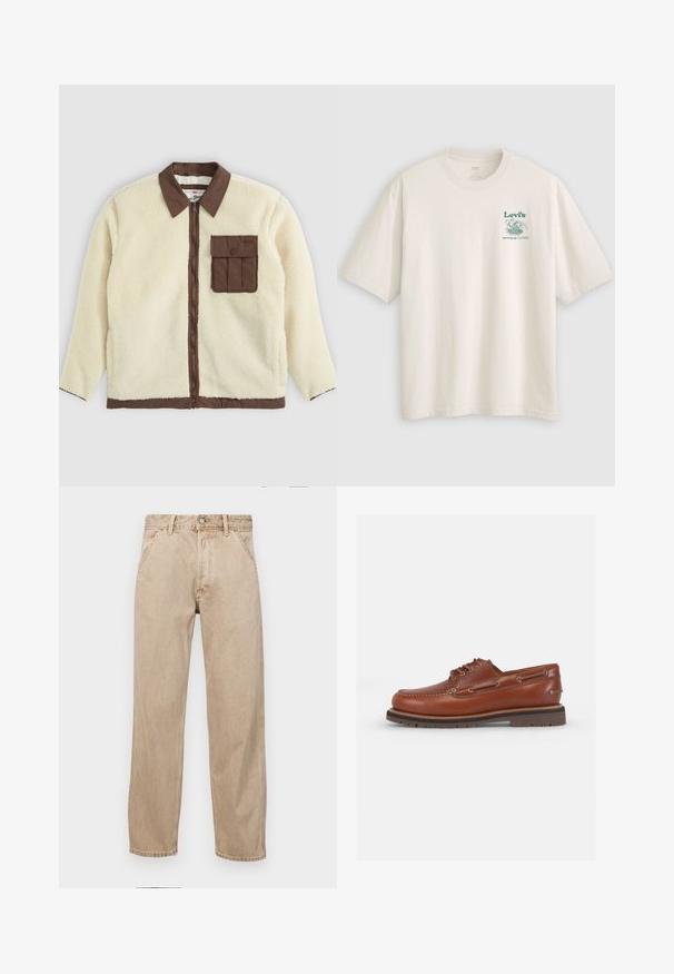 White fleece jacket with a brown collar, front zipper, and a chest pocket featuring a flap. The texture is soft with a shaggy appearance.; White cotton t-shirt with short sleeves, featuring a green Lev's logo and text on the left chest. Relaxed fit, smooth texture.; Beige denim jeans with a straight leg design, featuring front pockets, a metal button closure, and subtle texture.; Brown leather boat shoe with rounded toe, lace-up design, and metal eyelets. Textured sole for traction. Classic, casual style.