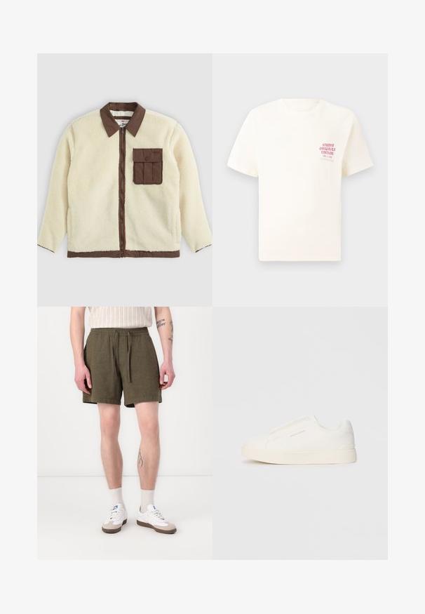 Weiße Fleecejacke mit einem braunen Kragen, Frontreißverschluss und einer Brusttasche mit Klappe. Die Textur ist weich und hat ein wuscheliges Aussehen.; Weißes T-Shirt mit kurzen Ärmeln und rotem Text "Studio Originals Edition" auf der linken Brust, präsentiert vor einem neutralen grauen Hintergrund.; Olivgrüne Shorts mit elastischem Bund und Kordelzug, ausgestattet mit seitlichen Taschen und geradem Schnitt, aus einem leichten Stoff gefertigt.; Weiße Slip-On-Sneaker mit einer strukturierten Oberfläche, dicker Sohle und minimalistischem Design. Mit Logo der Marke an der Seite.