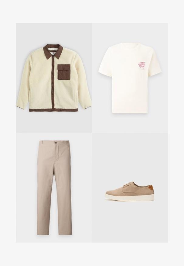 Bijela flis jakna s smešnim ovratnikom, prednjim zatvaračem i džepom na prsima s preklopom. Tekstura je mekana s izgleda krznenim.; Bijela kratka majica s kratkim rukavima s crvenim natpisom "Studio Originals Edition" na lijevoj strani grudi, prikazana na neutralnoj sivoj pozadini.; Bež hlače ravnog kroja od pamuka. Imaju zatvaranje na gumb sprijeda, bočne džepove i jednostavan dizajn bez ukrasa.; Bež nubuk tenisice s okruglim vrhom, vezanjem sprijeda i teksturiranim stražnjim naglaskom. Bijela gumena potpetica pruža kontrast. Jednostavan i moderan dizajn.