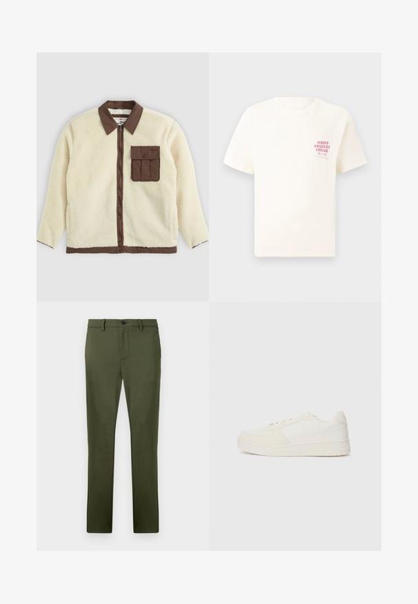 Biely flísový kabát s hnedým golierom, predným zipsom a vreckom na hrudi s chlopňou. Textúra je mäkká s huňatým vzhľadom.; Biele tričko s krátkym rukávom s červeným textom "Studio Originals Edition" na ľavej hrudi, zobrazené na neutrálnom šedom pozadí.; Olivové zelené nohavice vyrobené z hladkej tkaniny, s rovnými nohavicami, prednými vreckami a jedným gombíkom na zapínanie. Minimalistický dizajn.; Biele tenisky s hladkým koženým zvrškom a semišovými akcentmi. Obsahujú perforovaný špičku, ploché šnúrky a gumovú podrážku s textúrovanými detailmi.