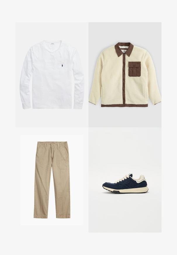 Hvit fleecejakke med brun krage, frontglidelås og en brystlomme med klaff. Teksturen er myk med en hårete utseende.; Hvit langermet t-skjorte laget av bomull. Har rund hals og en liten marineblå logo på venstre bryst. Jevn tekstur, enkelt design.; Beige straight-leg chinos med beltehemper, frontlukking med knapp og glidelås, og skrå frontlommer.; Marineblå joggesko med teksturert semsket skinn-overdel, kremfargede snøringer og beige mellomsåle. Har et klassisk atletisk design og gummisåle.