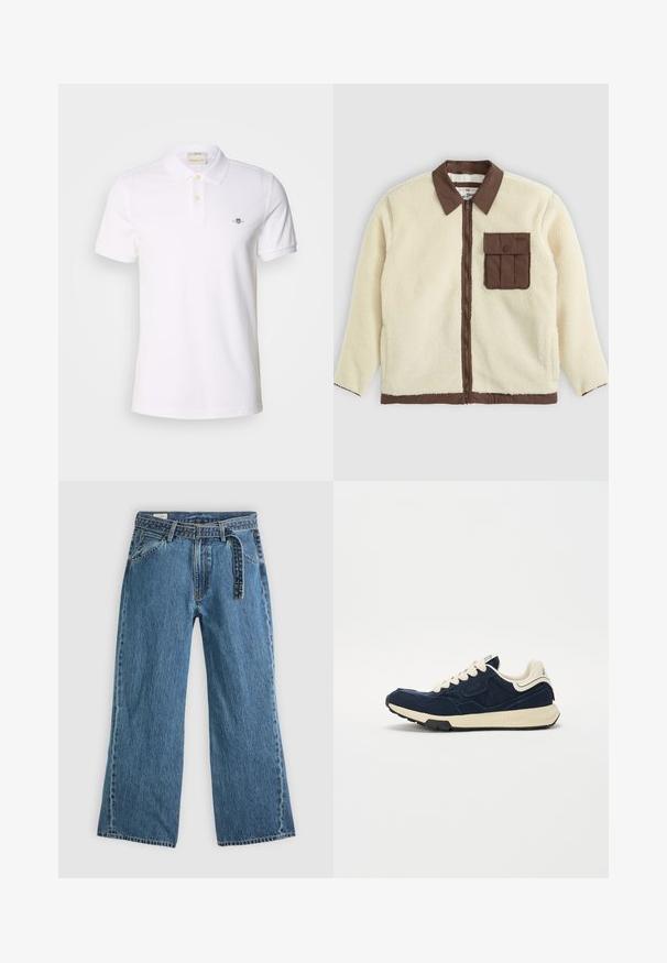 Balta vilna jaka ar brūnu apkakli, priekšējo rāvējslēdzēju un krūšu kabatu ar atloku. Tekstūra ir mīksta ar kuplu izskatu.; Balts polo krekls no kokvilnas auduma, ar divu pogu aizdari, īsām piedurknēm ar sarullētām malām un nelielu izšūtu logo uz krūtīm.; Zilas džinsa platās kājas bikses ar pievienotu jostu, priekšējām kabatām un redzamiem šuvumiem uz vienkārša gaiša fona.; Tumši zili sporta apavi ar teksturētu zamša augšdaļu, krēmkrāsas šņorēm un bēšu vidusdaļu. Iespējo klasisku sporta dizainu un gumijas zoli.