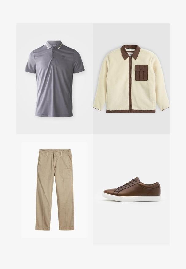 Balta vilna jaka ar brūnu apkakli, priekšējo rāvējslēdzēju un krūšu kabatu ar atloku. Tekstūra ir mīksta ar kuplu izskatu.; Īsām piedurknēm pelēks polo krekls ar zīmīgu vertikālu svītru rakstu, trīs pogu aizdari un logo uz kreisā krūtī, apkakle ar gaišām svītru akcentiem.; Beigās taisnās kājas chinos bikses ar jostas cilpām, priekšējo pogu un rāvējslēdzēja aizdari, kā arī slīpām priekšējām kabatām.; Brūni ādas sporta apavi ar noapaļotu purngalu, balta gumijas zole un pieci auklu caurumi. Satur diskrētu zīmolu uz papēža.