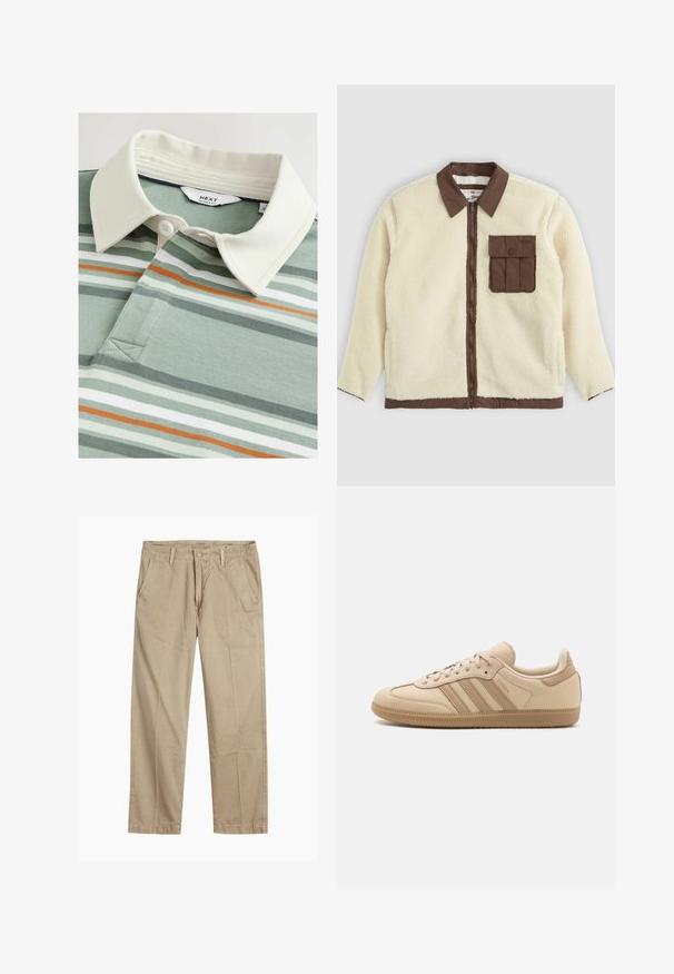 Valkoinen fleece-takki, jossa on ruskea kaulus, vetoketju edessä ja rintatasku läpällä. Tekstuuri on pehmeä ja karvainen.; Vihreä ja valkoinen raidallinen polo-paita, jossa on off-white kaulus ja kolme nappia, valmistettu teksturoidusta kankaasta, ja siinä on hienovaraisia oransseja yksityiskohtia.; Beige suorat lahkeet chinosit vyölenkkeillä, etupainike- ja vetskarikiinnitys sekä viistot etutaskut.; Beige nahkakengät, joissa on kolme vaakasuoraa raidhaa, pyöreä kärki, litteä ruskea kumipohja ja pehmeä kangasvuoraus varren ja kielen ympärillä.