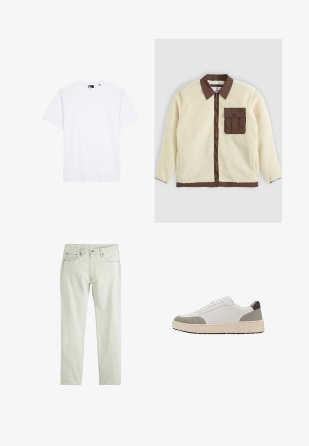 Hvid fleecejakke med brun krave, frontlynlås og en brystlomme med klap. Teksturen er blød med et shaggy udseende.; Hvid kortærmet T-shirt med rund hals lavet af glat stof med et sort mærke inde i halsudskæringen.; Levi's® Jeans Straight Leg - up the score; Hvide sneakers med grå ruskind og mørkebrune læderdetaljer. Har snørebånd, rund tå, tyk hvid gummisål og minimal syning.