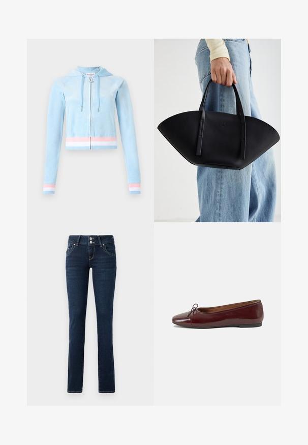 Sijajna tamnocrvena puhasta jakna s visokim ovratnikom, prednjim džepovima, dugim rukavima i blago prevelikim, prošivenim dizajnom.; Skraćena zip dukserica od svijetloplavog baršuna, s pastelno ružičastim i bijelim prugama na manžetama i rubu, te kapuljačom s vezicom.; Crna kratka majica s kratkim rukavima sa crvenim, kapljicama natpisom "SPOOKY GIRL" na prsima.; Tamno plave uske traperice sa dvostrukim kopčanjem, prednjim dzepovima i žutim šavovima na bijeloj pozadini.; Burgundska lakirana balerinka s zaobljenim vrhom, malim mašnom sprijeda i niskom, crnom gumenom potplatu. Glatka tekstura.; Crna kožna torba jedinstvenog oblika ventilatora, s ravnim ručkama. Površina ima teksturu sličnu šljunku i minimalistički dizajn.