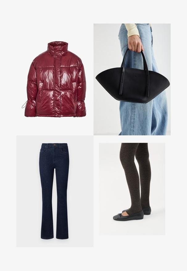 Spīdīga tumši sarkana pūkaina jaka ar augstu apkakli, priekšējām kabatām, garām piedurknēm un nedaudz pārizmēra kvadrātveida dizainu.; Melnas īsām piedurknēm cropped t-krekls ar sarkaniem, tekstojošiem burtiem "SPOOKY GIRL" krūtīs.; Tumši zilas džinsu bikses ar platām kājām, piecu kabatu dizains un poga jostas vietā. Gluda tekstūra ar minimālu šuvju skaitu.; Melnas plakano formas kurpes ar mazu loku uz pirksta, apvienotas ar tumši brūnām ribotām zeķubiksēm. Kurpēm ir gluda tekstūra un zems profils.; Melnas ādas rokassoma ar unikālu ventilatora formu, aprīkota ar plakaniem rokturiem. Virsma ir ar graudainu faktūru un minimālistisku dizainu.