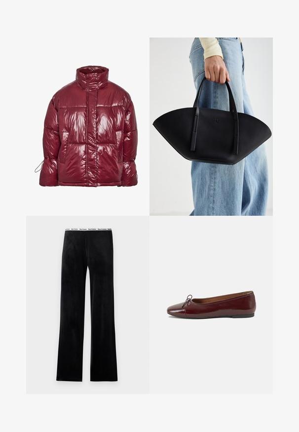 Lesklá tmavočervená páperová bunda s vysokým golierom, prednými vreckami, dlhými rukávmi a mierne nadmerným prešívaným dizajnom.; Čierne tričko s krátkym rukávom a skráteným strihom, na ktorom sú červené, stekajúce písmená s nápisom "SPOOKY GIRL" na hrudi.; Čierne flísové nohavice s rovnými nohavicami, vybavené bielym elastickým pásom s textom loga značky. Mäkká textúra, bez ďalších vzorov.; Burgundské lakované balerínky s okrúhlou špičkou, malou mašľou na prednej strane a nízkou čiernou gumovou podrážkou. Hladký povrch.; Čierna kožená kabelka s jedinečným tvarom ventilátora, so plochými držadlami. Povrch má štruktúru s brúseným efektom a minimalistic design.