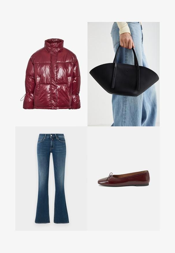 Geacă matlasată roșie închisă, lucioasă, cu guler înalt, buzunare frontale, mâneci lungi și un design ușor supradimensionat, matlasat.; Tricou scurt, negru, cu mâneci scurte, cu text roșu care picură, citind "FATA ÎNGROZITOARE" pe piept.; Blugi din denim albastru, cu talie inaltă, ușor decolorati, cu buzunare frontale, nasture, fermoar și picioare evazate, pe un fundal simplu și deschis la culoare.; Balerini din piele patent burgund cu vârful rotund, accent de fundiță mică în față și talpă joasă din cauciuc negru. Textură netedă.; Geantă de piele neagră cu o formă unică de evantai, având mânere plate. Suprafața are o textură cu mici granule și un design minimalist.