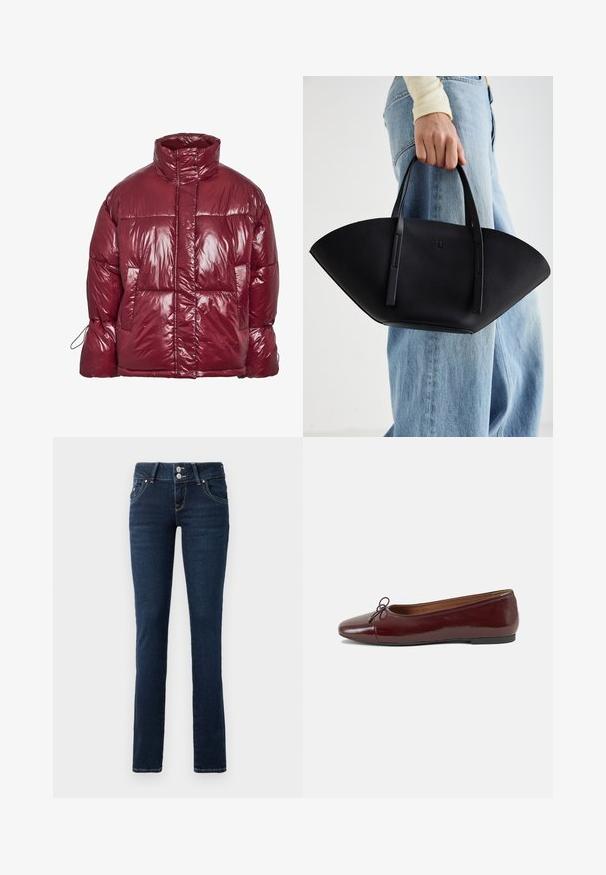 Fényes sötétvörös pufi dzseki magas gallérral, elülső zsebekkel, hosszú ujjakkal és enyhén túlméretezett, steppelt kialakítással.; Fekete, rövid ujjú, cropped póló, amelyen vörös, csepegő betűkkel szerepel a "SPOOKY GIRL" felirat a mellkason.; Sötétkék skinny farmernadrág dupla gombos zárással, elülső zsebekkel és sárga varrással fehér háttér előtt.; Burgundi lakkbőr balettcipő kerek orral, elöl kis masni díszítéssel és alacsony, fekete gumi talppal. Simára csiszolt felület.; Fekete bőr kézitáska egyedi legyezőformával, lapos füllel. A felülete kőriszerű textúrájú és minimalista dizájnnal rendelkezik.