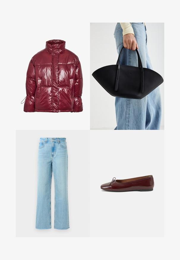 Lesklá tmavě červená péřová bunda s vysokým límcem, předními kapsami, dlouhými rukávy a mírně nadměrným prošívaným designem.; Černé krátké tričko s krátkým rukávem a cropped střihem, na kterém je červený dripping text "SPOOKY GIRL" napříč hrudníkem.; Světle modré džíny s rovnými nohavicemi, vysokým pasem, kontrastním šitím a mírně vybledlou texturou.; Burgundské lakové baleríny s kulatou špičkou, malou mašlí vpředu a nízkou černou gumovou podrážkou. Hladký povrch.; Černá kožená kabelka s jedinečným tvarováním ve tvaru vějíře, vybavená plochými uchy. Povrch má jemně zrnitou texturu a minimalistický design.