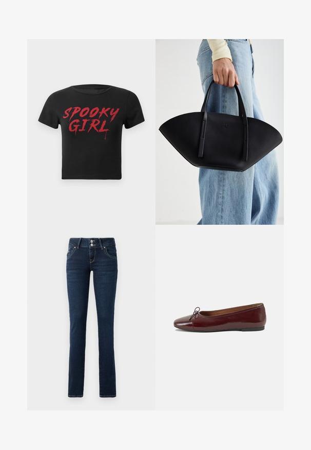 Skinnende mørkerød dunjakke med høy krage, frontlommer, lange ermer og et litt oversized, quiltet design.; Svart kortermet croppet t-skjorte med rød, dryppende tekst som sier "SPOOKY GIRL" over brystet.; Mørkeblå skinny jeans med dobbeltknap-lukning, forlommer og gul syning på hvid baggrund.; Burgunderrød lakk lær ballettleilighet med rund tå, liten sløyfe foran og en lav, svart gummisåle. Glatt tekstur.; Svart skinnveske med en unik vifteform, med flate håndtak. Overflaten har en pebblelignende tekstur og et minimalistisk design.